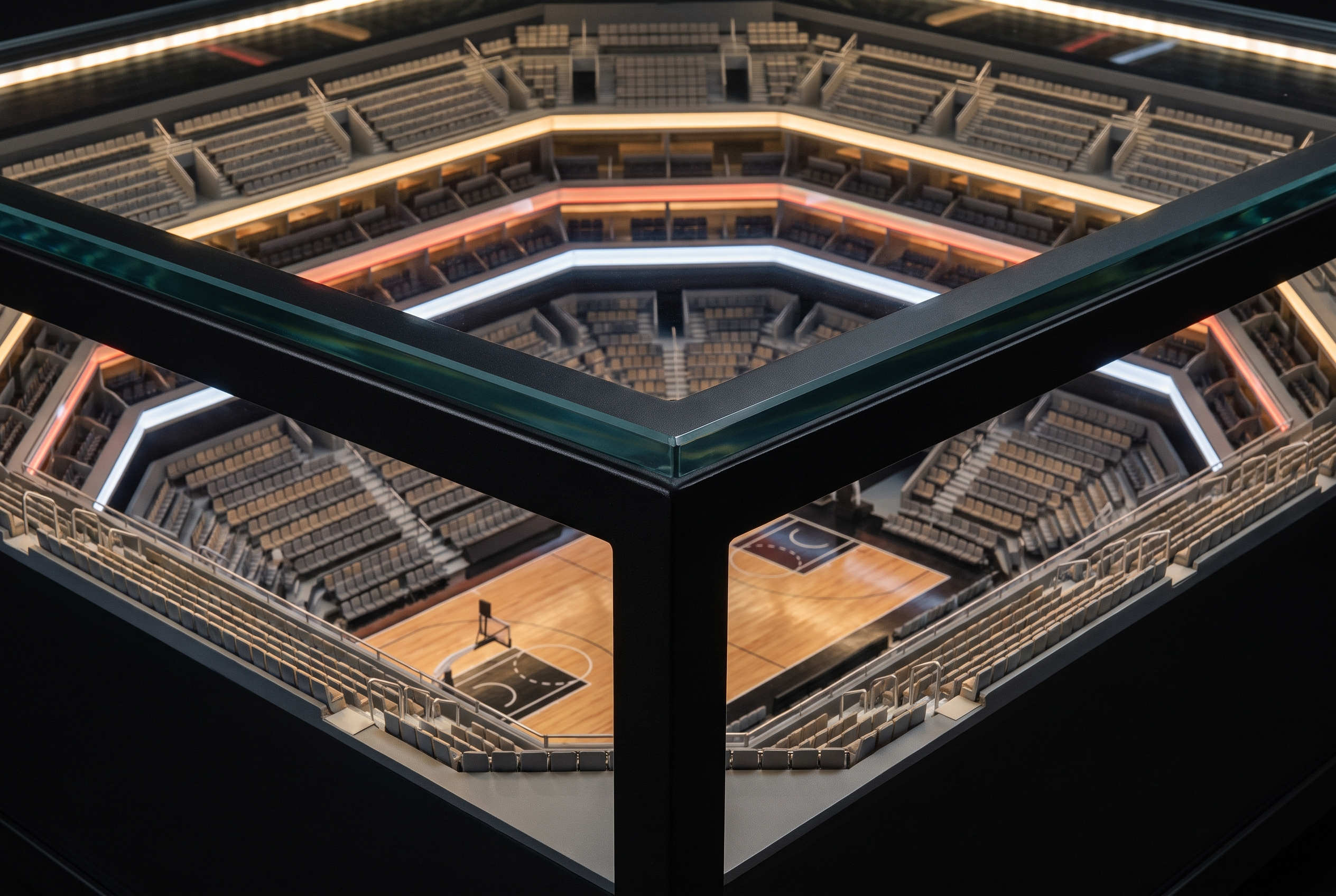Close-up of detailed basketball arena seating below glass