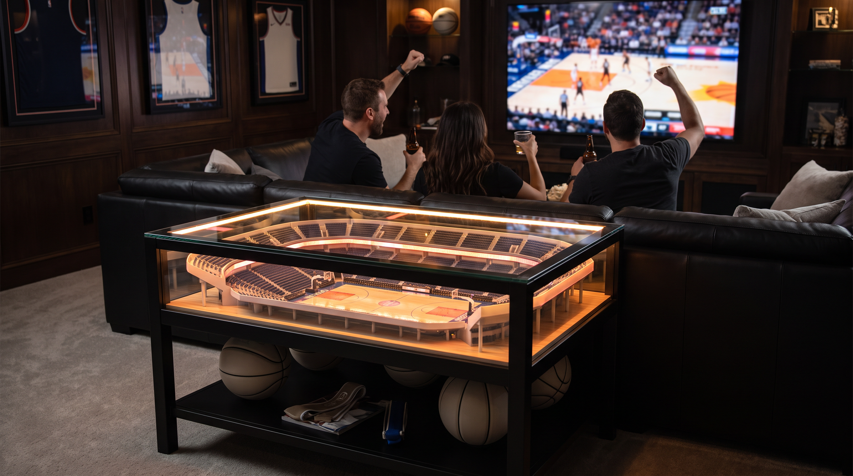 Friends enjoying basketball night around an illuminated arena table