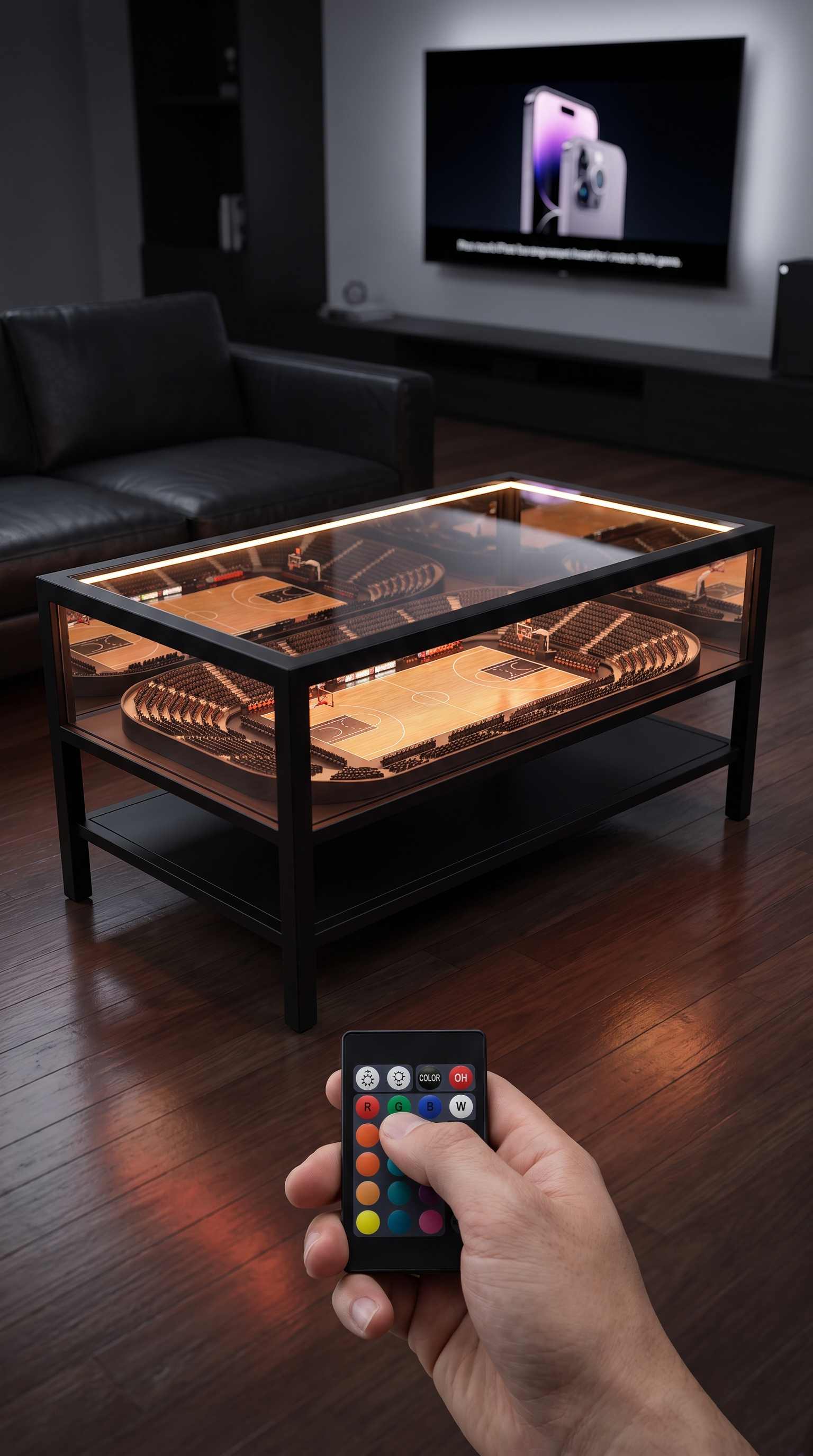 LED remote controlling a basketball arena table